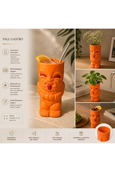 PALU GASTRO Porcelain Cocktail Glass with Orange Tiki Figure 17 cm - Multi-Pu...