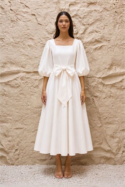 KÜÇÜĞÜM BUTİK White Square Neck Flared Poplin Dress with Big Bow