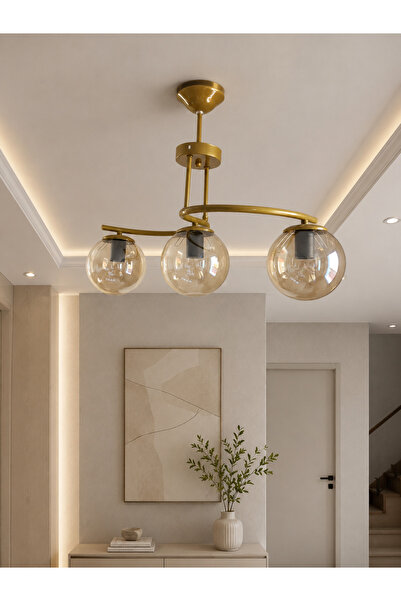 Ömür Avize sibel eskitme gold kasa globe camlı 3lü avize