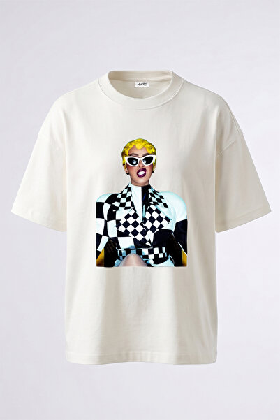 Anetos Cardi B Checkered Design Printed Unisex Oversize Fit White Tshirt