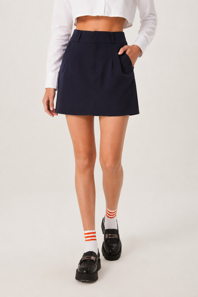 QUHOX Women's Navy Blue High Waist Belted Pleated Detailed Mini Skirt