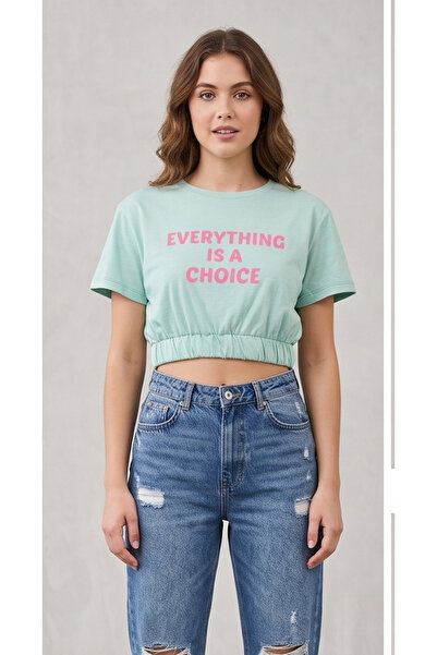 Collezione Women's Green Elastic Waist Crop Top - 100% Cotton Printed T-Shirt
