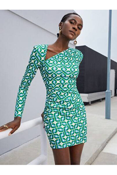OEM Rochie dama, scurta, verde cu imprimeu, maneca lunga, M