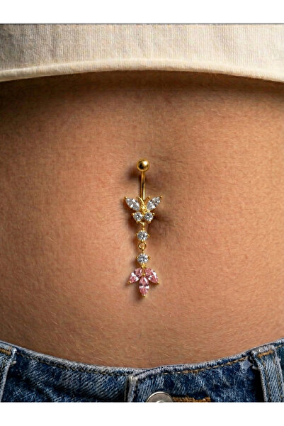 kurukafagift Kelebek Figürlü Sallantılı 3 Taşlı Çelik Göbek Piercing