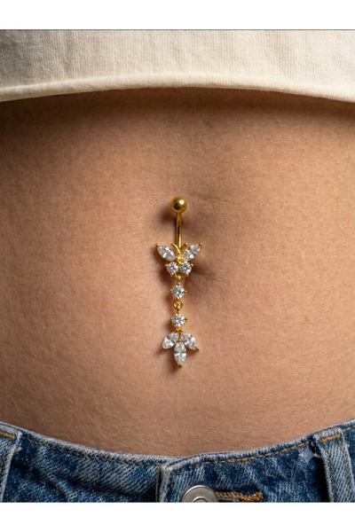 kurukafagift Kelebek Figürlü Sallantılı 3 Taşlı Çelik Göbek Piercing