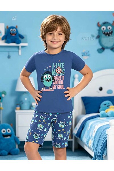 NiCe İç Giyim Boy's Navy Blue Color Cute Monster Pattern Short Sleeve T-Shirt...