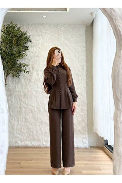 BELLASTORE Women's Coffee Button Detailed Two-Piece Set