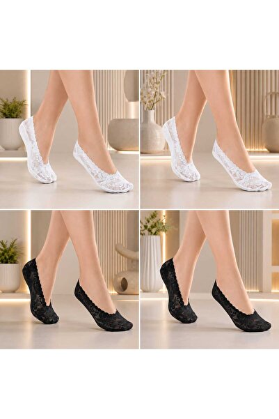 VitaMood Yaşam Women's Lace Ballerina Socks Set of 4 - White, Black - Non-Sli...