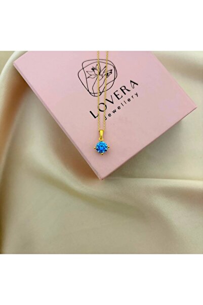 Lovera Jewellery 925 Ayar Gümüş Sertifikalı 14K Gold Renk Tek Taş Kolye