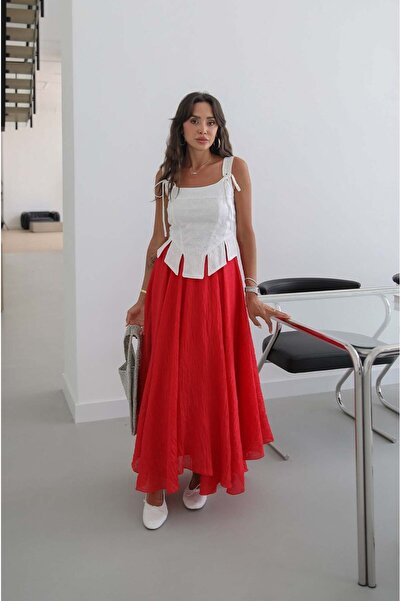Havoş Red Elastic Waist Skirt with Ruffles
