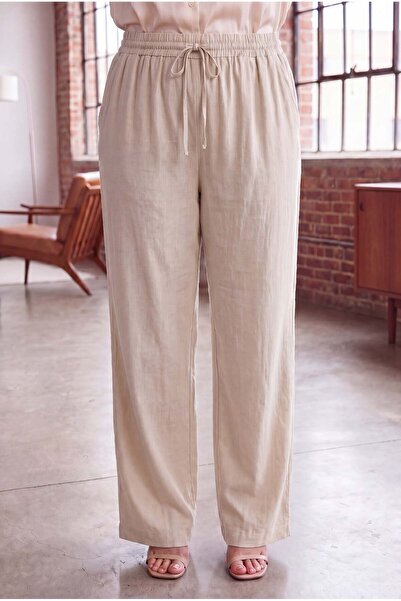 RMG Beli Lace-Up Large Size Linen Trousers Beige
