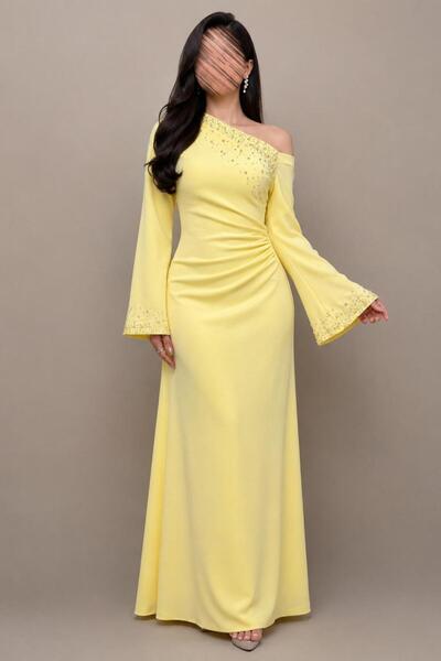 Jood Lemon-Colored Evening Gown with Slanted Shoulder and Luxurious Embroidery