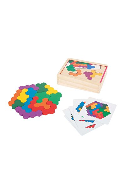 Small Foot Puzzle educativ hexagonal – Joc de geometrie din lemn bazat pe ped...