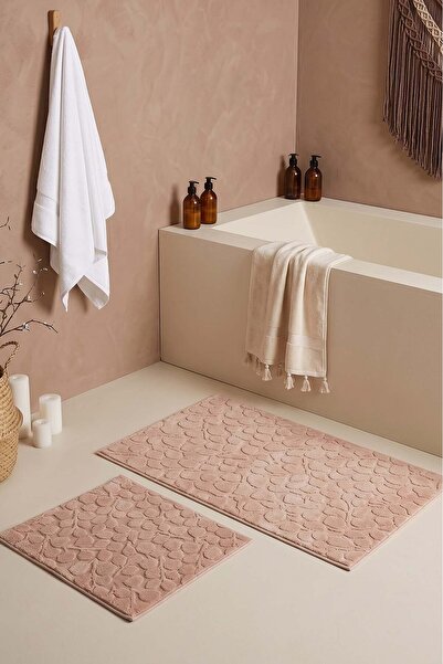 Rivaİstanbul Powder Pamella Leaf Patterned 2-Piece Bathroom & Toilet Mat Set