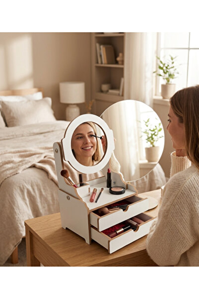 MONTETOYS منظم مكياج خشبي أبيض قابل للتعديل مع مرآة، تصميم أنيق وفاخر