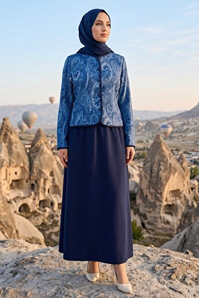 TOFİSA Patterned Jacket Skirt Suit Navy Blue - 28632-Navy Blue