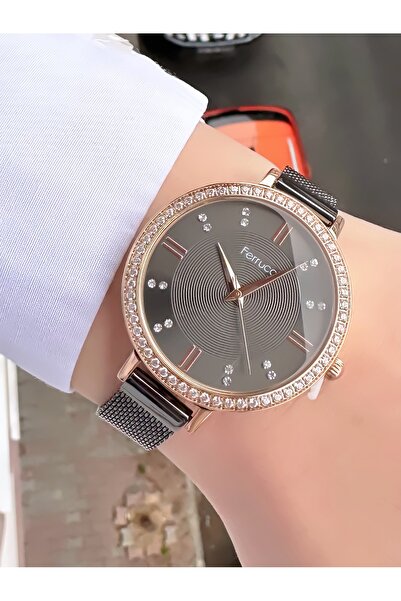 Ferrucci Women's Black Wicker Metal Cord Rose Gold Stone Wristwatch with 2 Ye...