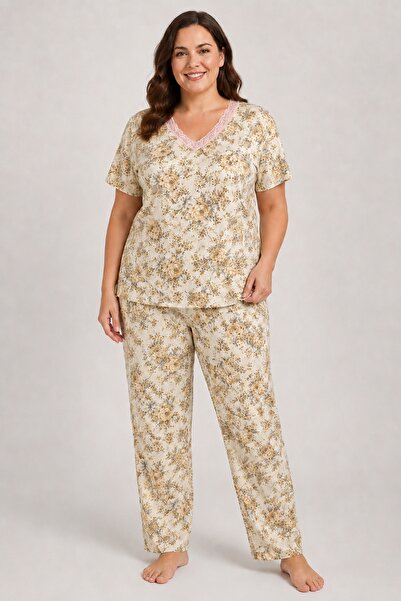 CottonVia Mother's Pajama Set, V-Neck, Pink Lace, Printed, Short Sleeve, 100%...