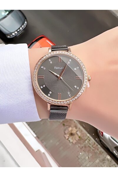 Ferrucci Kadın Siyah Hasır Metal Kordon Rose Gold Taşlı Kol Saati 2 Yıl Garantili