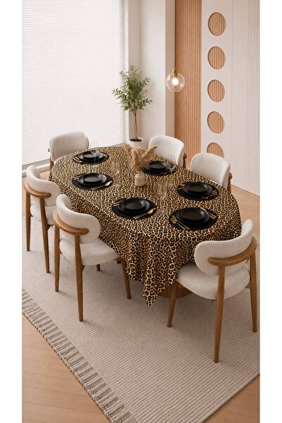 AHSEN TASARIM SİYAH VE LEOPAR DESENLİ , 6 KİŞİLİK 160x220 MASA ÖRTÜSÜ VE SUPL...