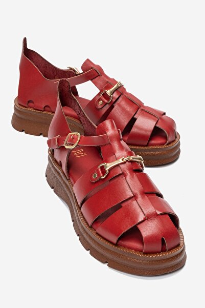 LuviShoes Riela Red Genuine Leather Buckle Women's Sandals