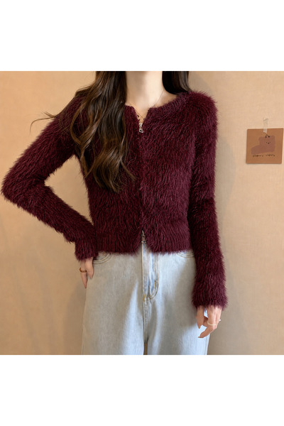 NATUFIAN STORE Women's Fuzzy Soft Double Zipper Basic Knitwear Cardigan