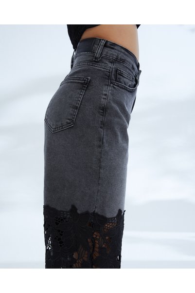 jeanlog Women's Black Gray High Waist Lace Detailed Lycra Wide Leg Jean Trousers