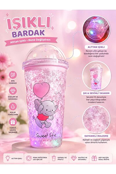 PeriMila Led Işıklı,Pipetli ,Simli Pullu Desenli Çocuklara Sevimli İçeçek Bar...