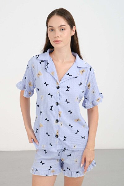 C&City Bürümcük Textured Buttoned Shorts Suit Blue