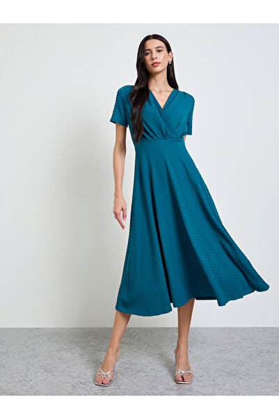 Styli Teal Textured V Neck A-Line Midi Dress