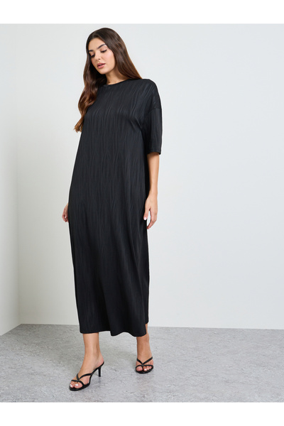 Take Two By Styli Black Textured T-Shirt Maxi Dress