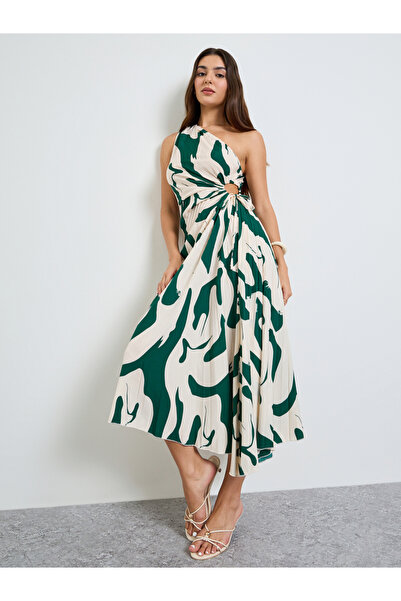 Take Two By Styli Cream One Sleeve Midi Dress with Ruched Detail