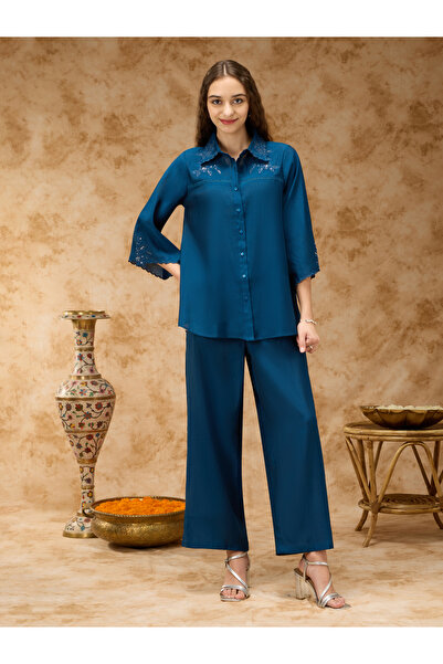 Silver Lime By Styli Blue Tonal Embroidery and Lace Inserts Shirt Collar Co-o...