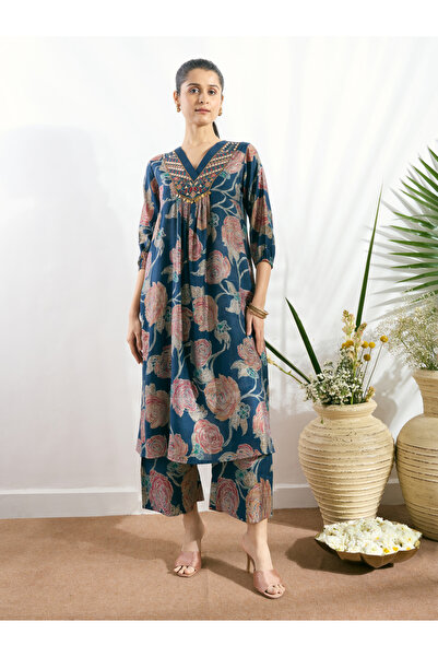 Silver Lime By Styli Navy Blue Printed V Neck Kurta Co-ord Set