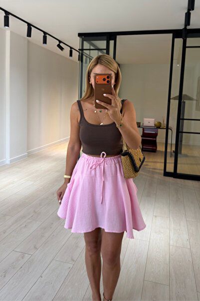 Sezgi Tekin Asymmetrical Cut Pink Muslin Short Skirt with Flounces