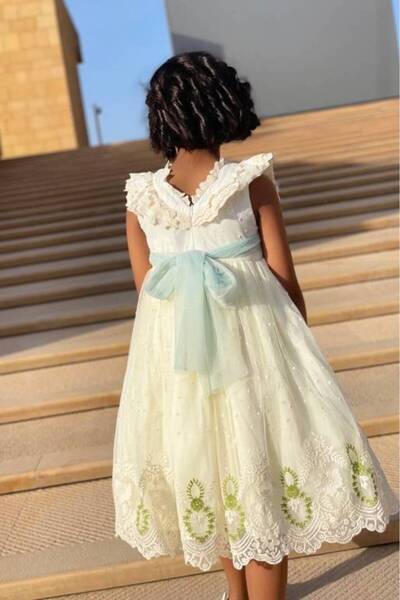 JO FASHION Girl's Off-White Dress with Green Embroidery Detail