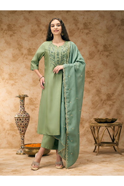 Silver Lime By Styli Green A-Line Mirror Work Kurta, Straight Pants and Dupat...