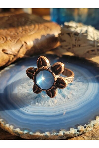 Meneva Aksesuar Blue Cat's Eye Stone Handcrafted Copper Framed Flower Design ...