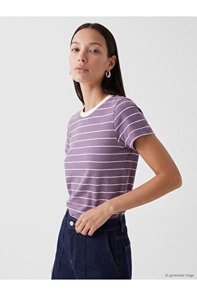 LC Waikiki Lcw Everyday Purple 100% Cotton Striped Women's T-Shirt