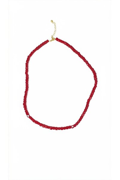 Glow Aksesuaar Kırmızı Küp Kristal Kadın Kolye- 45 cm - Klipsi Altın Kaplama