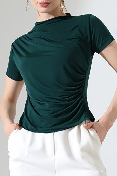 Sabr Sandy Fabric Degaje Collar Draped Short Sleeve Women's Blouse
