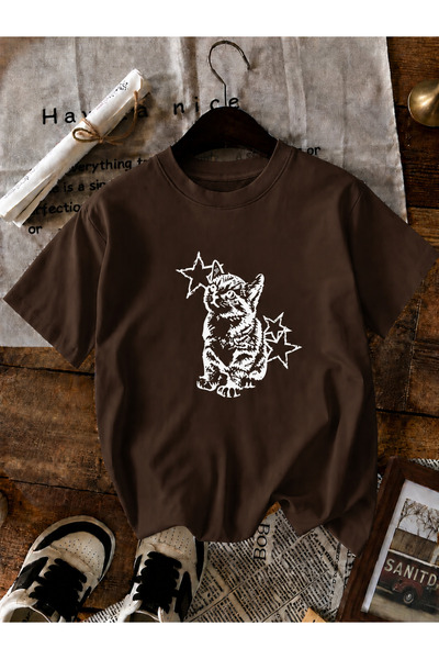 ZİYMO Women's Y2K Star Cat Printed Oversized T-Shirt Brown