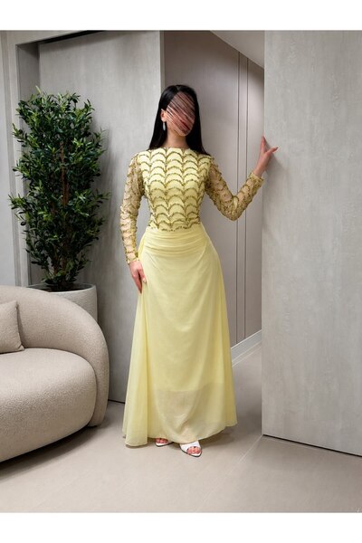 Jood Long Evening Dress with Sparkly Embroidery and Sheer Sleeves