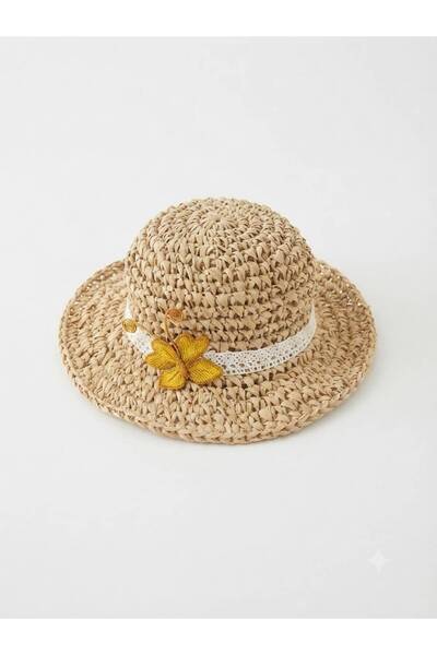 elemeğiürünler Straw Baby Hat with Needlework Butterfly Design and Lace Trim ...