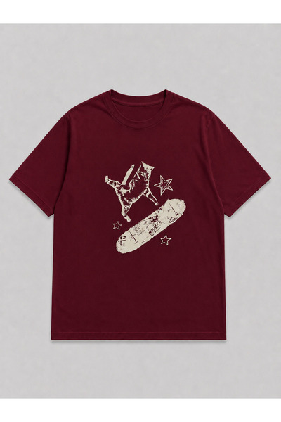 ZİYMO Unisex Y2K Skateboarder Cat Printed Oversized T-Shirt