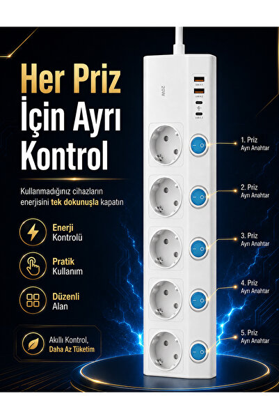 The Wlue 5’li Anahtarlı Akım Korumalı Priz | 3680W | 16A | 2xUSB-A | 2xType-C | PD 20W Hızlı Şarjlı | Çoklu Priz