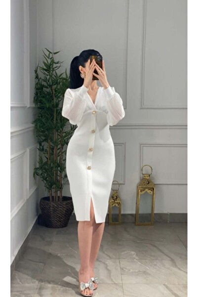 it's Mine White Midi Stretch Dress with Pleated Chiffon Sleeves and Crystal B...