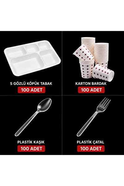 meretopack 5 Gözlü Köpük Tabak Tablodt Karton Bardak plastik Çatal Kaşık Seti...