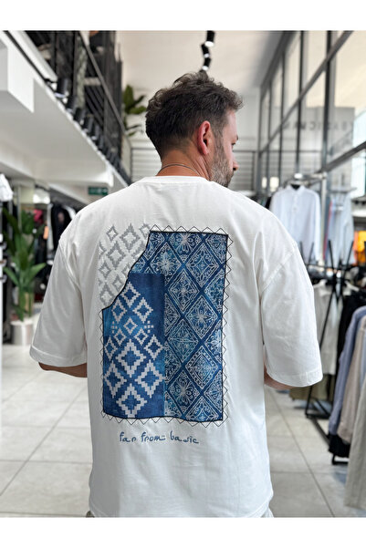 BYBASICMAN Λευκό T-Shirt Oversize με Μοτίβο και Επίθεμα στην Πλάτη RES-1119