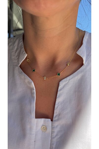 Tep's Jewellery Çoklu gümüş malahit taşlı mini yonca kolye